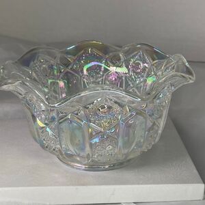 Vintage L.E.Smith Clear Iridescent Carnival Glass ruffled edge bowl